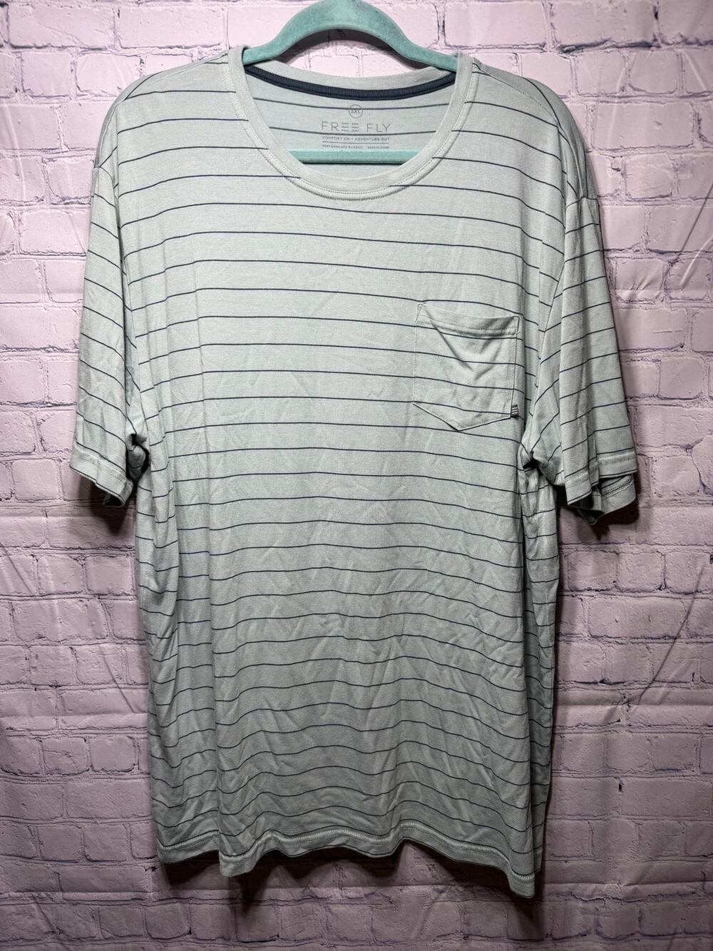 Free Fly Mens Short Sleeve Striped Pocket Tee Green Blue Sz 3XL